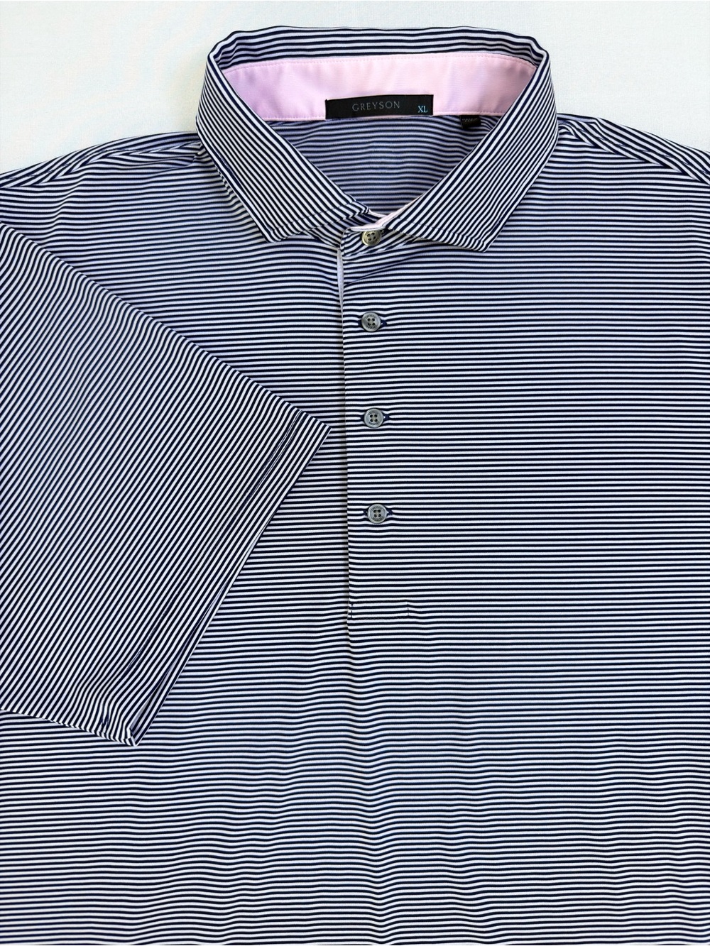 Greyson Navy & White Micro-Stripe Polo with Pink Collar Lining
